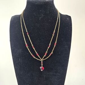 Vintage Glass Heart Necklace Delicate Goldtone Double Chain with Red Crystals
